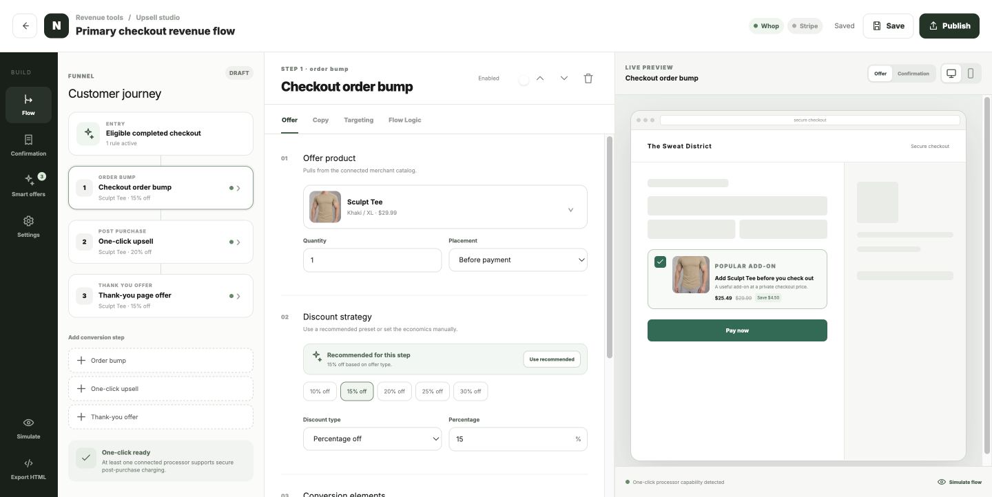 NexusRouts Revenue Studio with offer settings and checkout preview